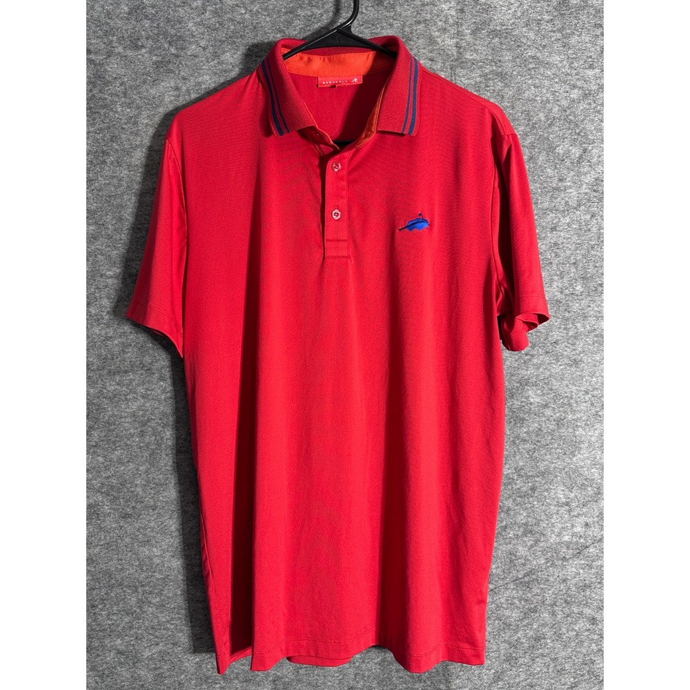 REDVANLY Polo Shirt Mens M Red Collared Golf Blue Dolphin Logo Performance Sport